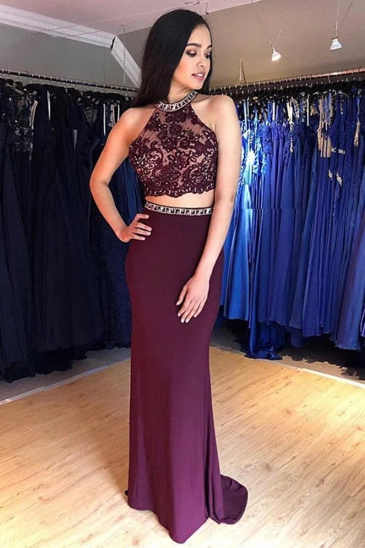 lace evening dress-Two Piece Grape Mermaid Open Back Prom Long Beading Evening Dress