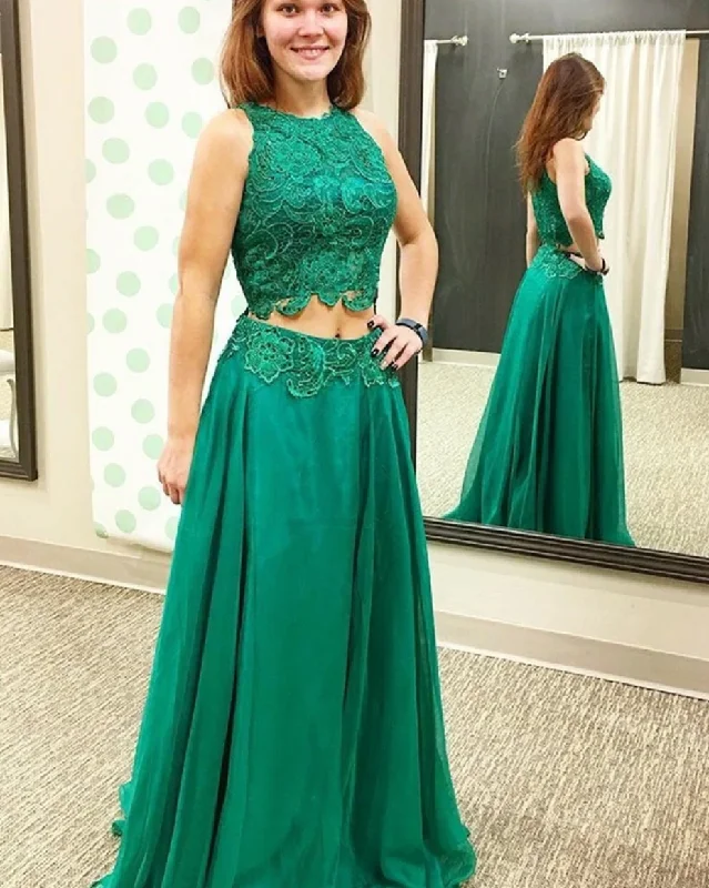 modern evening dress-Two Piece Green Prom Dresses with Lace