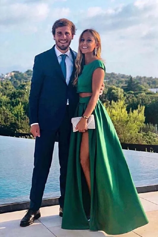 evening dress with high slit-Two Piece Green Split Side Prom Dresses under 100