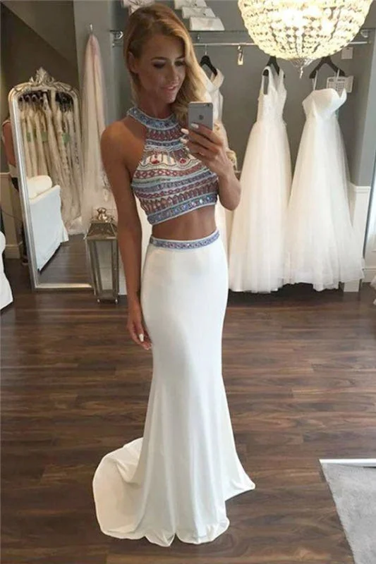 long evening dress-Two Piece Halter Sleeveless Ivory Beaded with Sweep Train Prom Dress Long