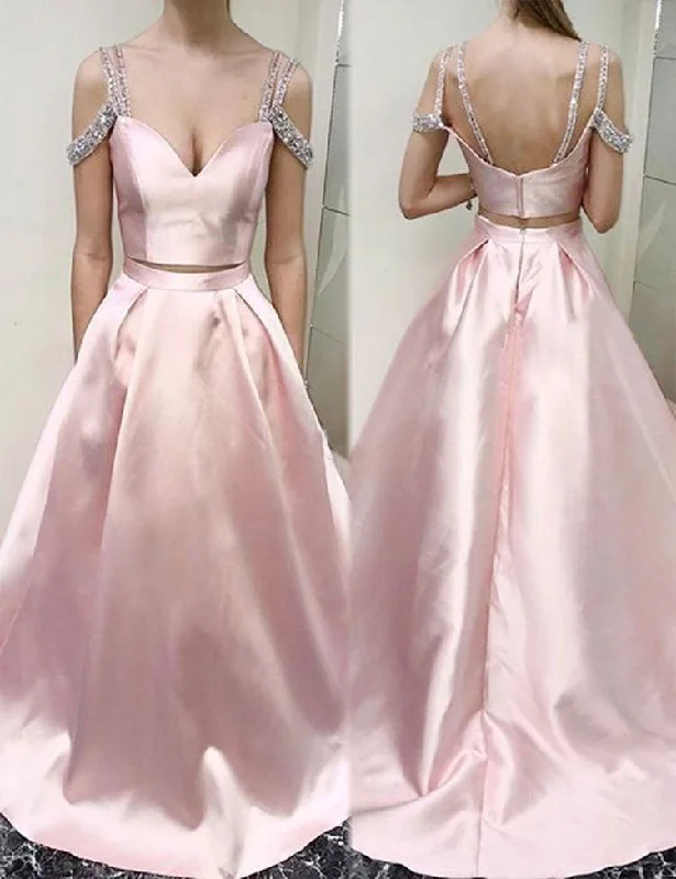 modern evening dress-Two Piece Long Prom Dresses with Pockets