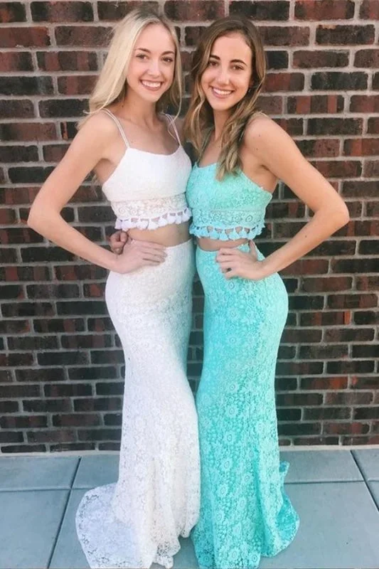 peplum evening dress-Two Piece Mermaid Spaghetti Straps Floor-Length Lace Prom Sexy Party Dress