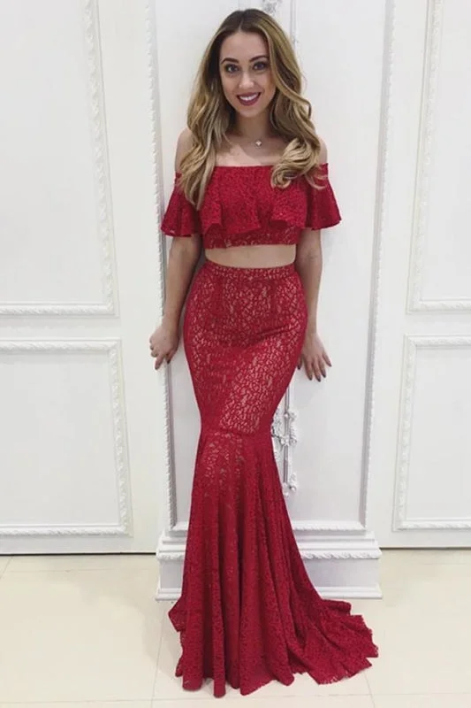 red evening dress-Two Piece Off-the-Shoulder Burgundy Prom with Ruffles Lace Formal Dress