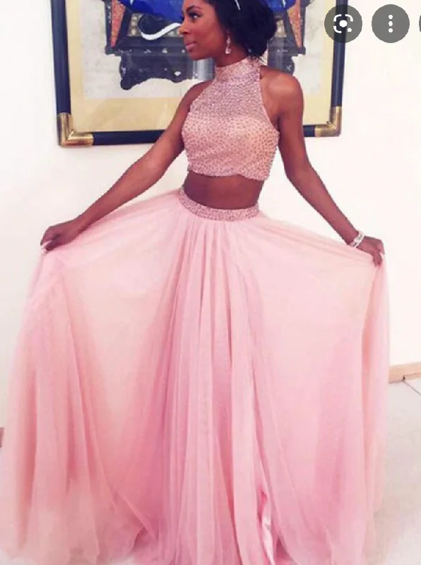 sheath evening dress-Two Piece Pink Prom Dresses with Beaded