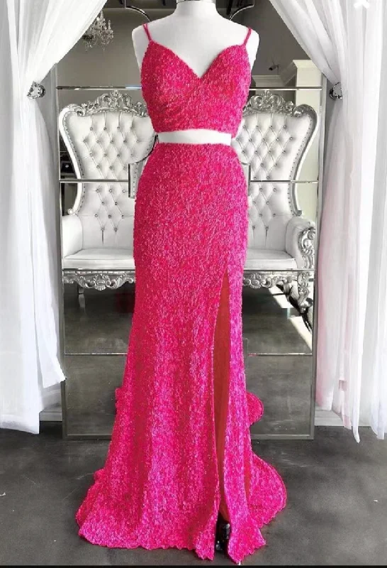 evening dress with lace overlay-Two Piece Prom Dresses Criss Cross Back