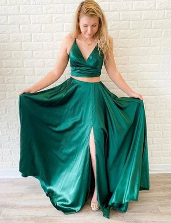 stylish evening dress-Two Piece Prom Dresses Slit Green