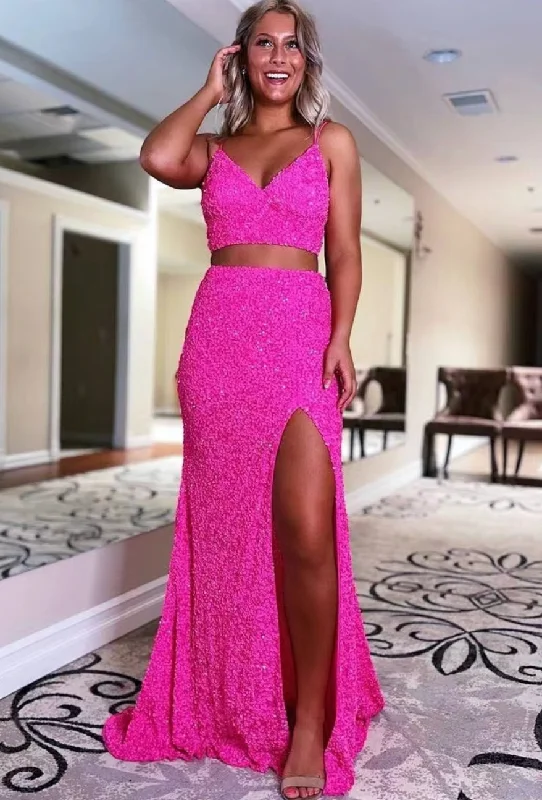 elegant evening gown-Two Piece Prom Dresses Slit