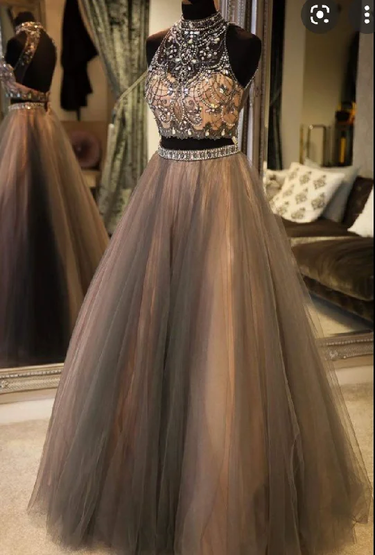 sleeveless evening dress-Two Piece Prom Dresses with Rhinestones