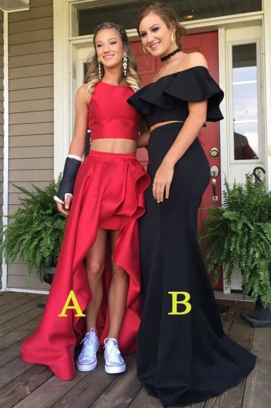 satin evening gown-Two Piece Red Jewel Long Prom Dress Black Mermaid Off the Shoulder Evening Gown