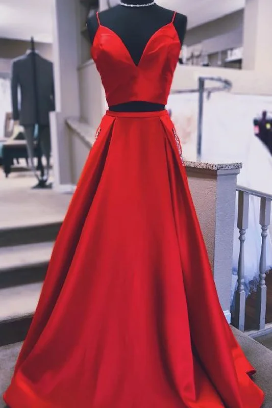 formal red evening dress-Two Piece Red Prom Dresses with Pockets