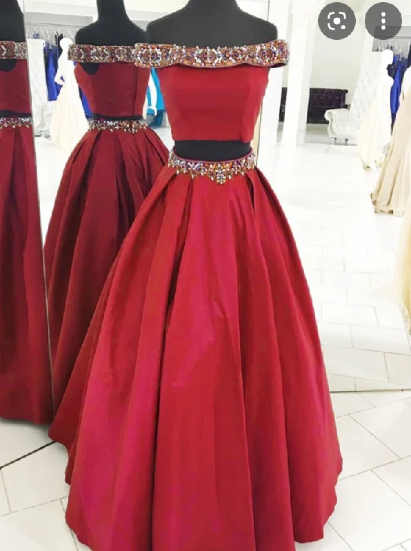 evening dress with train-Two Piece Red Prom Dresses with Rhinestones