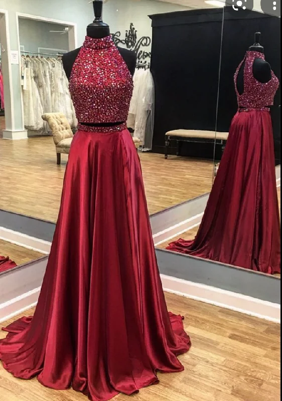 evening dress with sheer sleeves-Two Piece Red Prom Dresses with Rhinestones High Neck