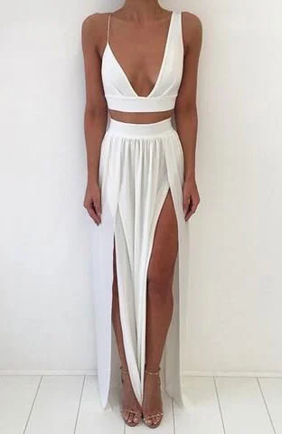 modern evening dress-Two Piece White Prom Dresses Split under 100