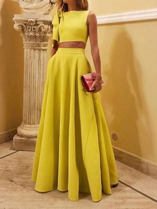 evening dress with appliques-Two Piece Yellow Prom Dresses under 100