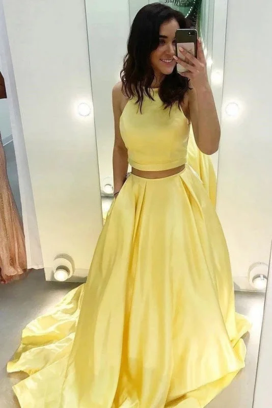 evening dress with embroidery-Two Piece Yellow Satin Formal Evening Dress Simple Long Prom Dresses