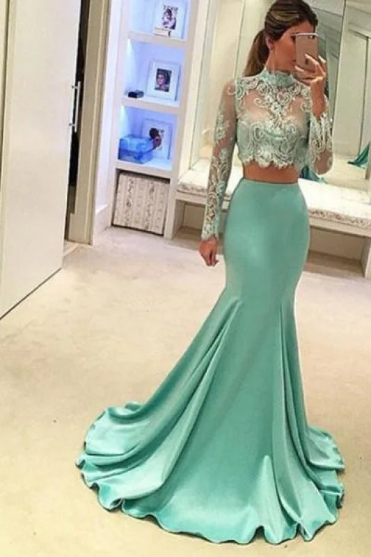 sweetheart neckline evening dress-Two Pieces High Neck Long Sleeve Lace Prom Dresses Sexy Mermaid Evening Dress