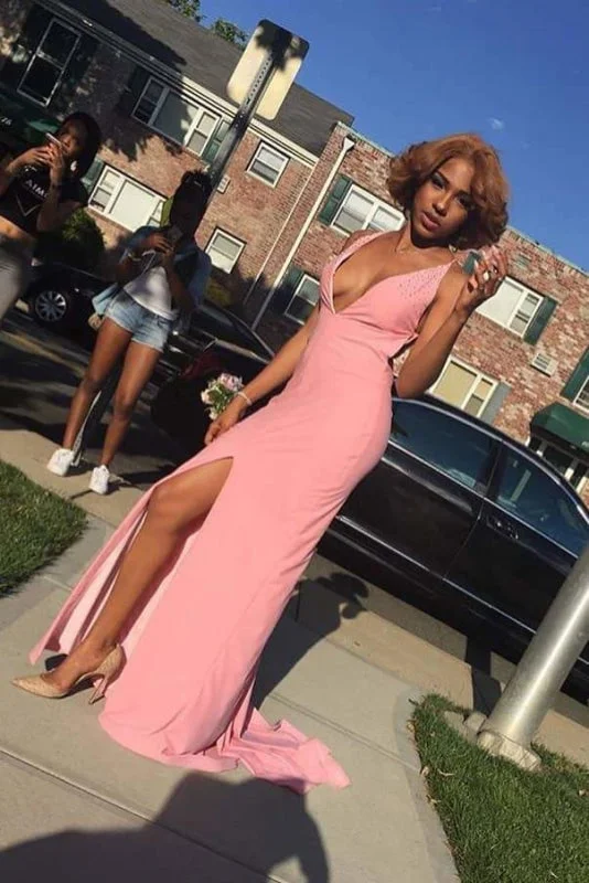 evening gown for women-Unique Pink Spaghetti Strap Sleeveless Side Slit Evening Gown