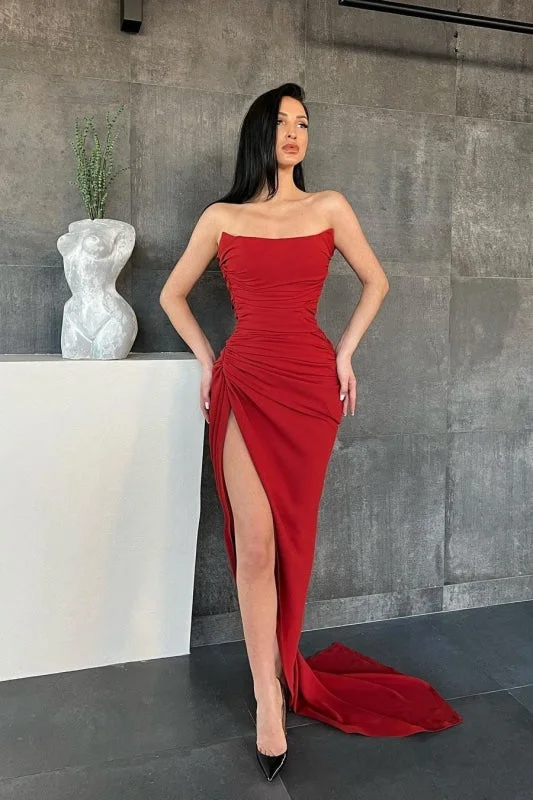 stylish evening dress-Unique Sweetheart Mermaid Red Prom Dresses with High Split Sleeveless Party Dress