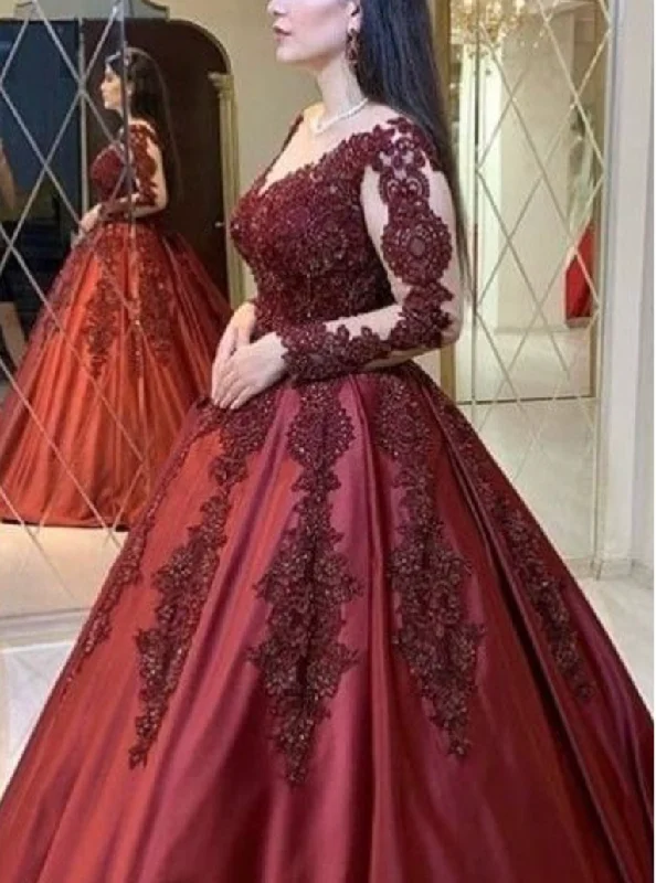 satin evening gown-V Neck Burgundy Prom Dresses with Full Sleeves