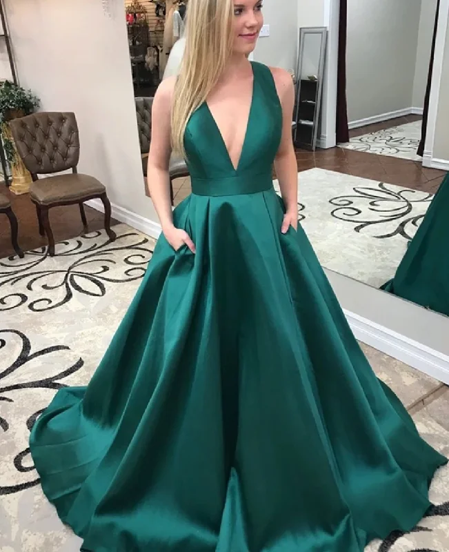 evening dress with cape-V Neck Dark Green Prom Dresses with Bowknot