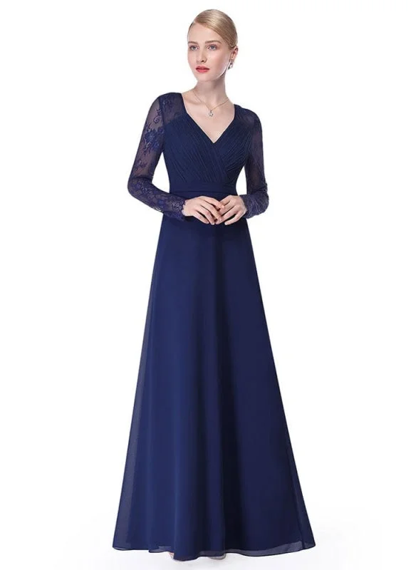 lace evening dress-V Neck Evening Dress Illusion Lace Sleeve Mother Of The Bride Dress Ruched A Line Floor Length Wedding Party Dress In Dark Navy Wedding Guest Dress