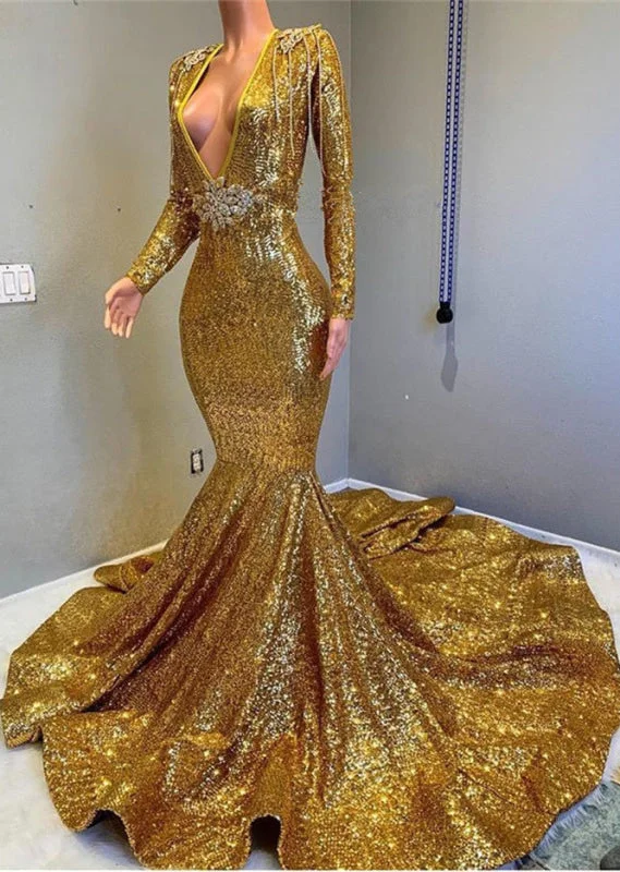 black evening dress-V-Neck Mermaid Prom Dress With Applique - Gold Long Sleeves