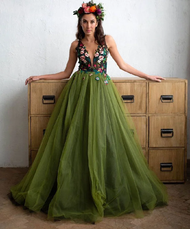 V-neck evening dress-V Neck Olive Green Prom Dresses with Appliques Flowers