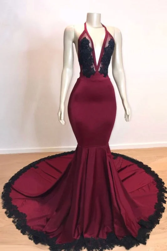 evening dress with keyhole back-V-neck Open Back Appliques Burgundy Mermaid Prom Dress