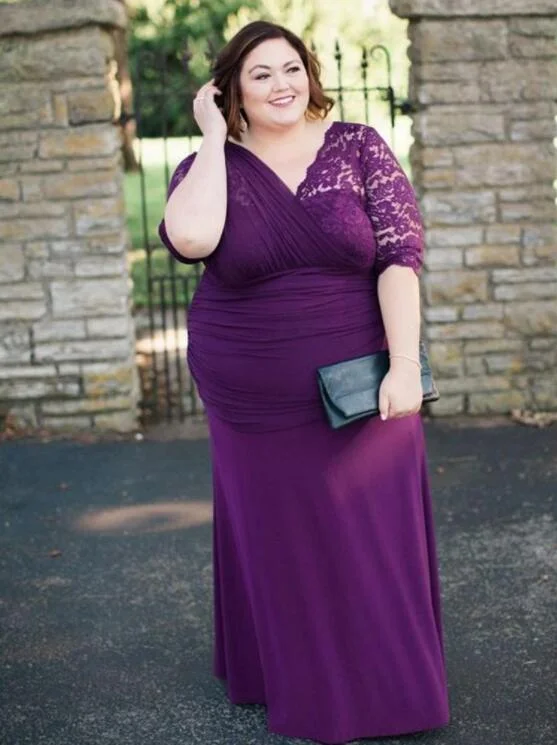 long evening dress-Purple V Neck Plus Size Mother of the Bride Dresses