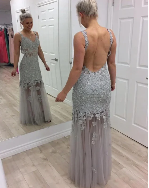 evening dress with mesh-V Neck Prom Dresses Backless Dresses