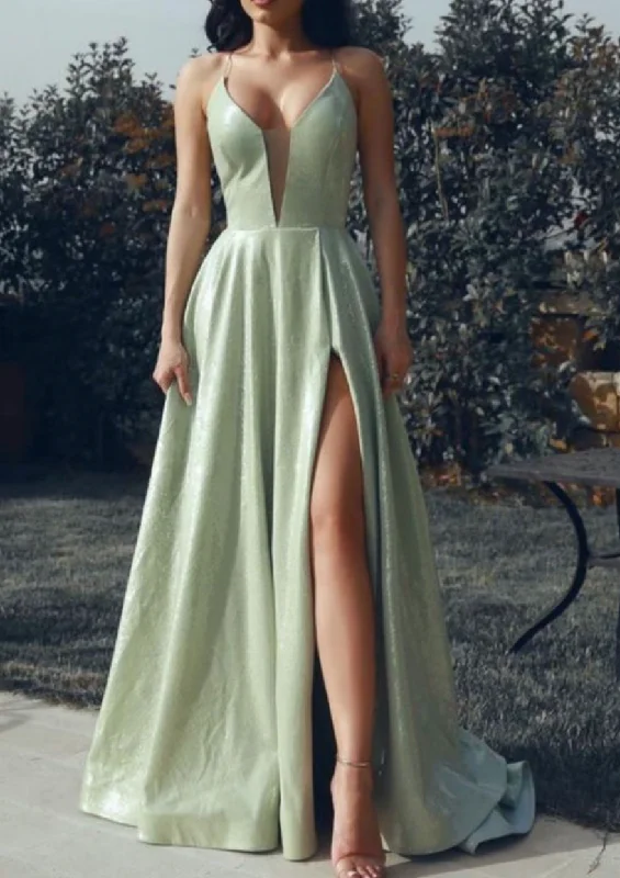 evening dress for prom-V Neck Prom Dresses Light Sage Green