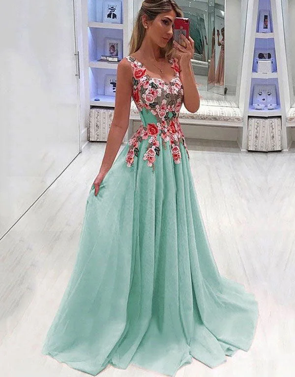 evening dress with train-V Neck Prom Dresses Tulle Long Length with Appliques Flowers