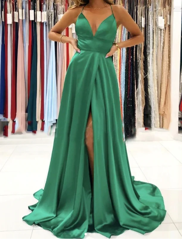 elegant tulle evening dress-V Neck Prom Dresses with Slit