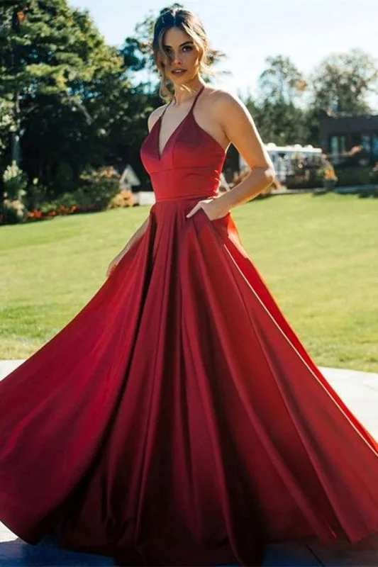 sequined evening dress-V-Neck Red Evening Dress With Pockets