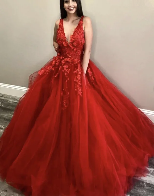 evening dress with sheer sleeves-V Neck Red Prom Dresses Pageant Dresses