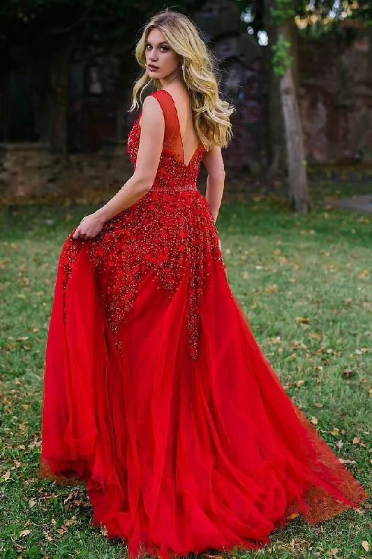 sparkling evening dress-V Neck Red Prom Dresses with Flowers Appliques