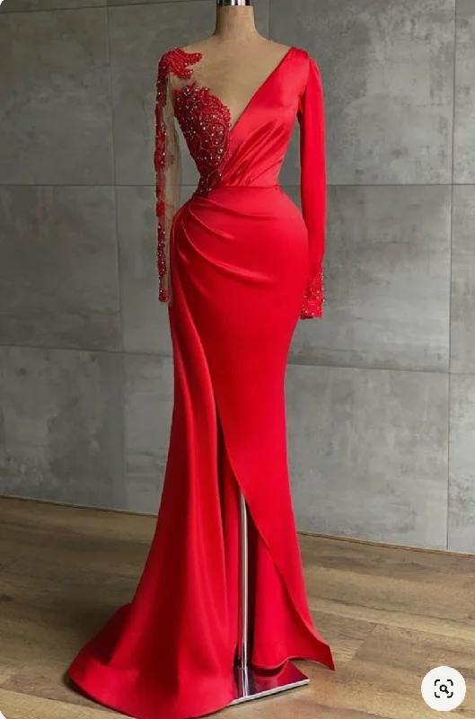 navy blue evening dress-V Neck Red Prom Dresses with Sleeves