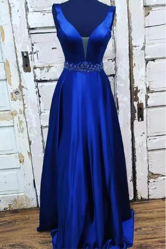 cocktail length evening dress-V Neck Royal Blue Prom Dresses Waist with Beaded