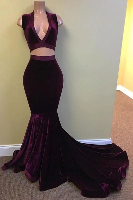 mermaid evening dress-Deep V-neck Velvet Mermaid Two Piece Prom Dresses