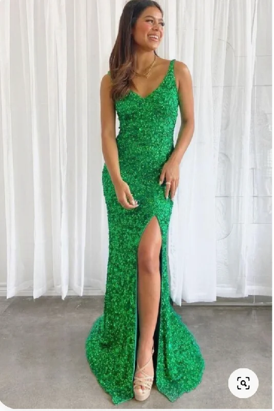 peplum evening dress-V Neck Slit Prom Dresses