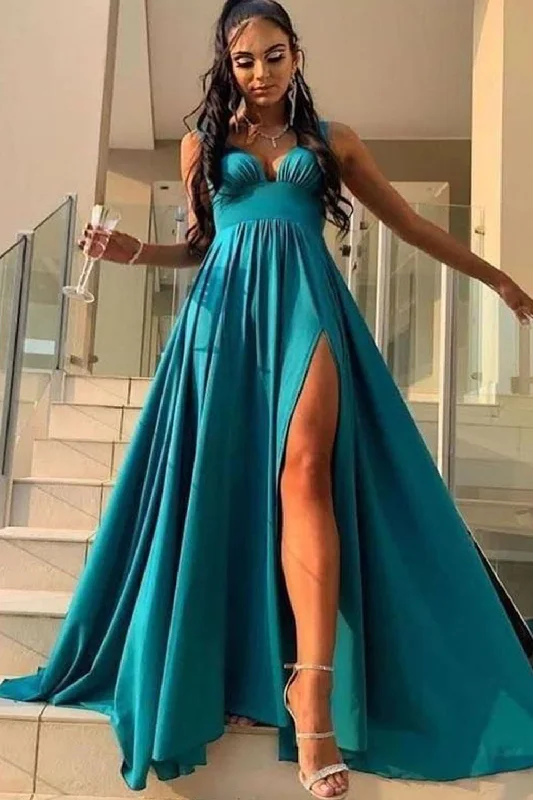 high-low evening dress-V Neck Slit Prom Dresses