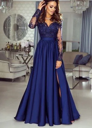 elegant lace evening dress-V Neck Slit Side Prom Dresses with Full Sleeves Appliques