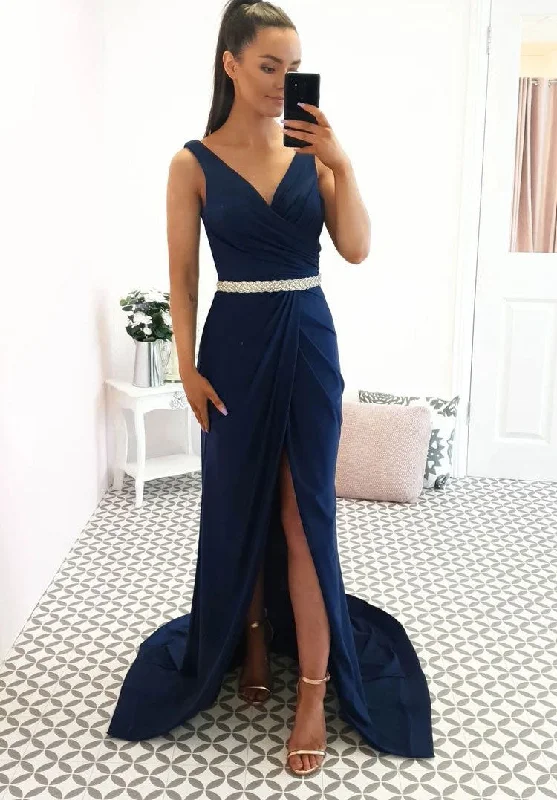 velvet evening gown-V Neck Split Front Prom Dresses Waist with Rhinestones