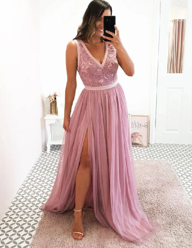 elegant evening attire-V Neck Split Side Prom Dresses with Lace