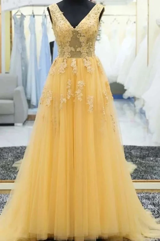 glitter evening dress-V Neck Tulle Yellow Prom Dresses Long with Appliques