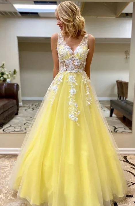 high neck evening dress-V Neck Yellow Tulle Prom Dresses with Appliques