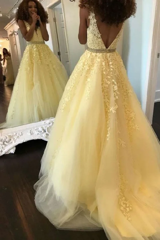 lace evening dress-V Neck Yellow Tulle Prom Dresses with Appliques JM008