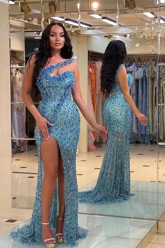 tulle evening dress-Vintage Blue Beadings Strapless Mermaid Prom Dress With Split