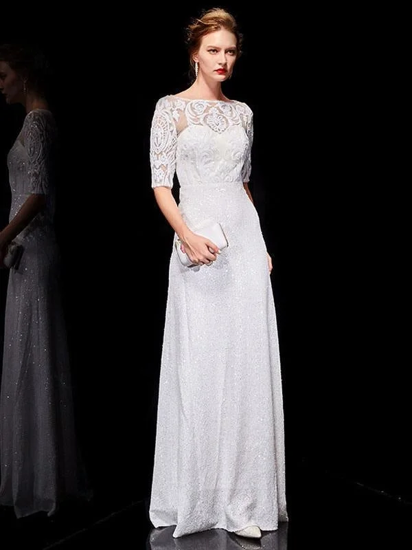 peplum evening dress-White Evening Dresses Lace Half Sleeve Sequin Long Formal Occasion Dress