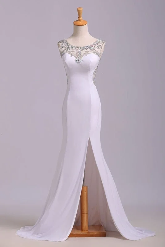 evening dress with crystals-White Mermaid Sleeveless Split Prom Sequins Sweep Train Dress with Rhinestones